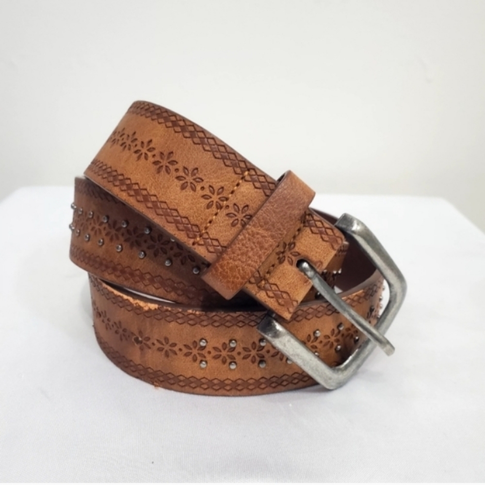 Vintage Tan Floral-Embossed Vegan Women's Belt
